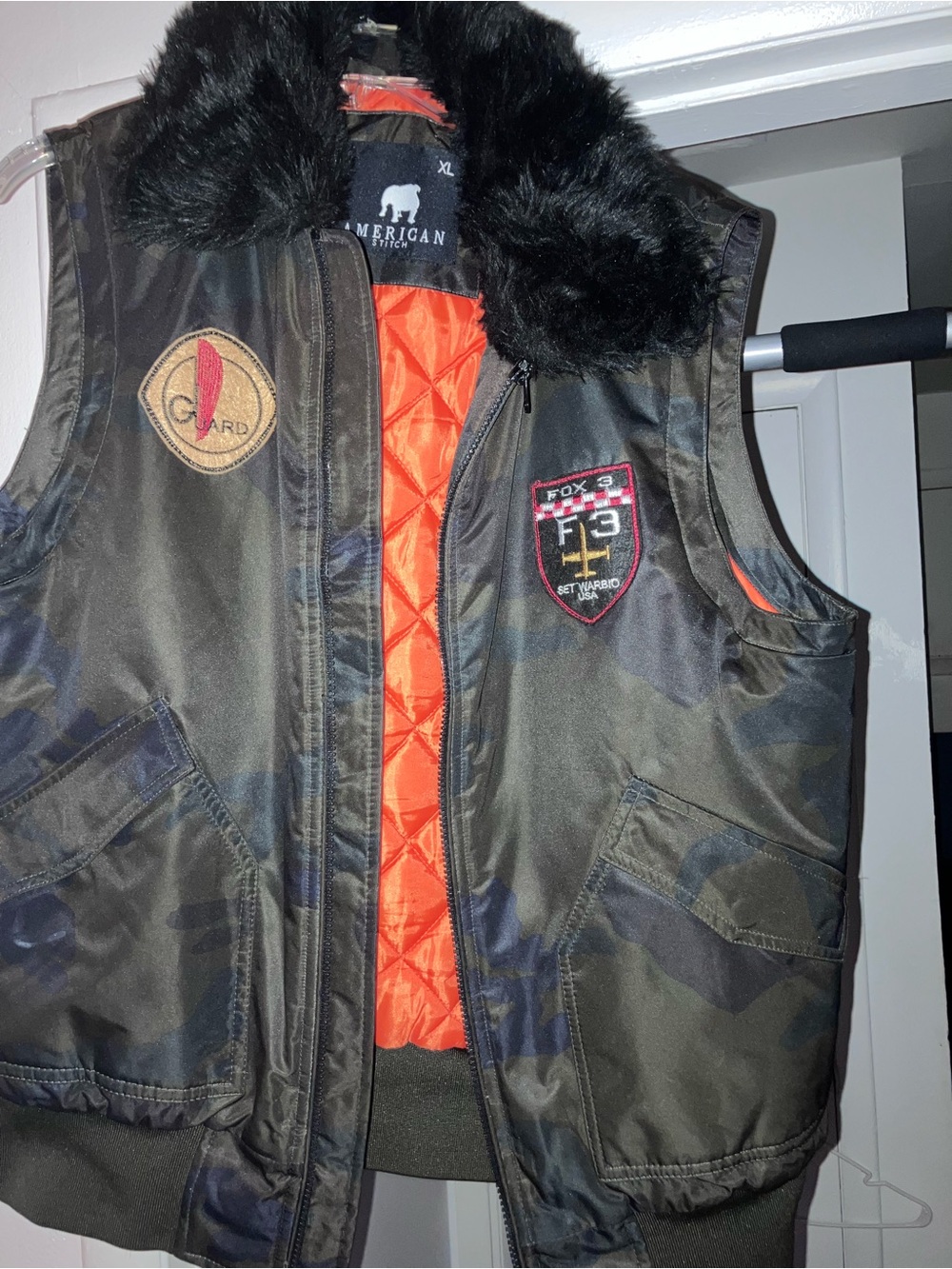 American Stitch Men's Camo Bomber Vest with Orange Lining and Black Fur Collar